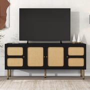 Sesslife TV Stand for TVs Up to 70”, Woven Media Console Table with Rattan Door, Country Style Design Side Board with Gold Metal Base for Living Room, Black
