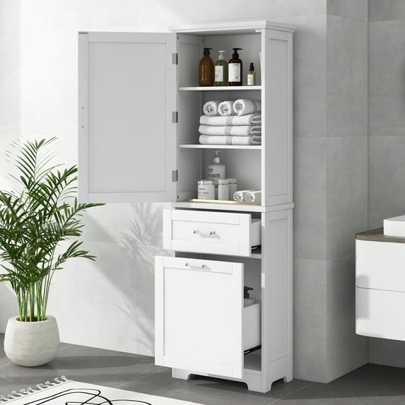 Sesslife Tall Bathroom Cabinet, Modern Floor Cabinet with 2 Drawers and 1 Door, Freestanding Storage Cabinet with Adjustable Shelves for Bathroom Living Room, Durable, Moisture-Resistant, White