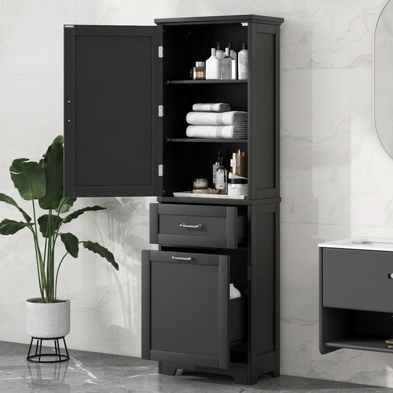 Sesslife Tall Bathroom Cabinet, Modern Floor Cabinet with 2 Drawers and 1 Door, Freestanding Storage Cabinet with Adjustable Shelves for Bathroom Living Room, Durable, Moisture-Resistant, Black