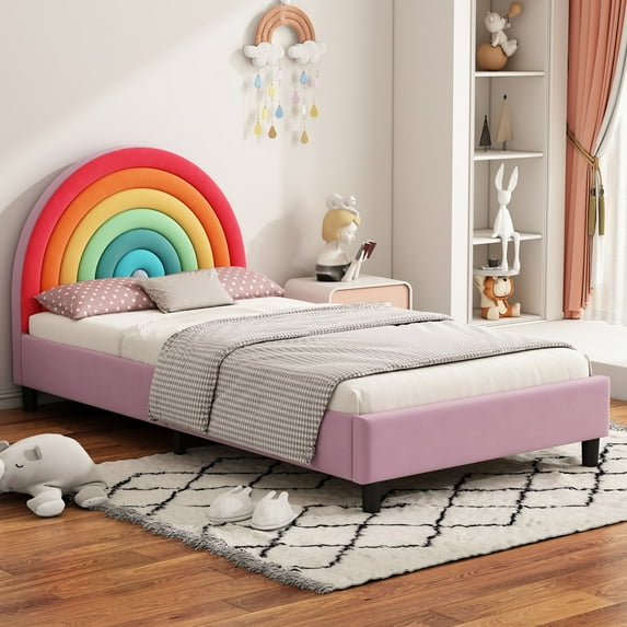 Sesslife Twin Bed Frame for Teens, Cute Upholstered Bed Frame with Rainbow Shaped Headboard, Cartoon Platform Bed, No Box Spring Needed, Pink