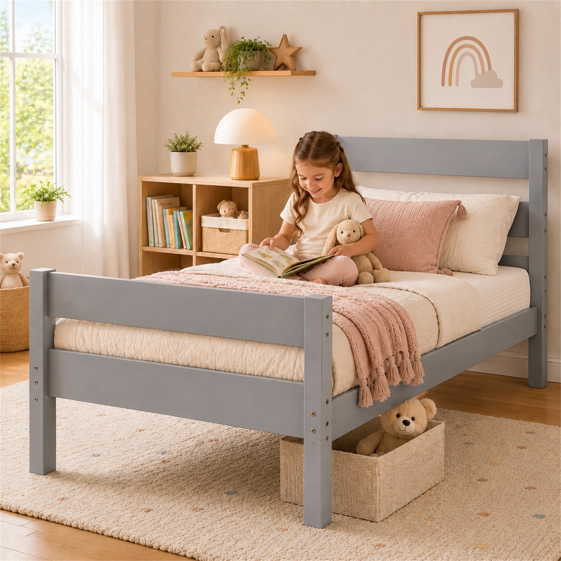 SESSLIFE Twin Bed Frame, Solid Wood Twin Platform Bed Frame with Headboard & Footboard, No Box Spring Needed with 250LBS, Easy Assembly, Grey