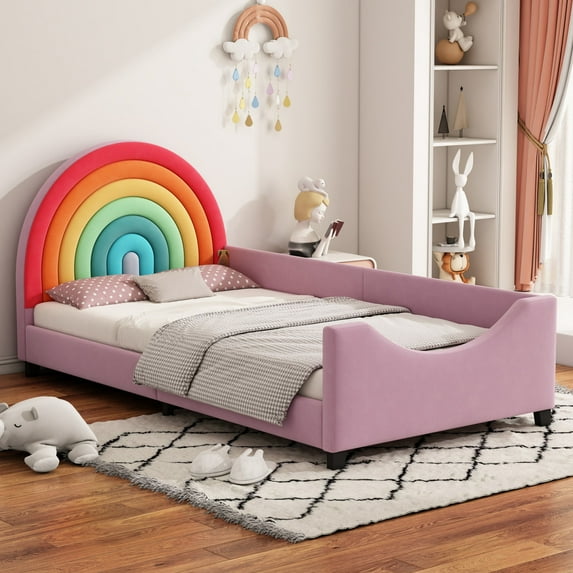 Sesslife Twin Bed Frame for teens, Cute Bed Frame with Rainbow-Shaped Headboard, Upholstered Cartoon Platform Bed for Teens, No Box Spring Needed, Pink