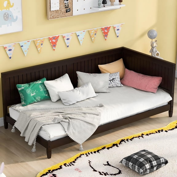 Sesslife Twin Daybed Frame, Espresso Solid Wood Daybed with Strong Wooden Slats, No Box Spring Needed, Twin Size Sofa Bed L-shape Daybed, 400lbs Capacity