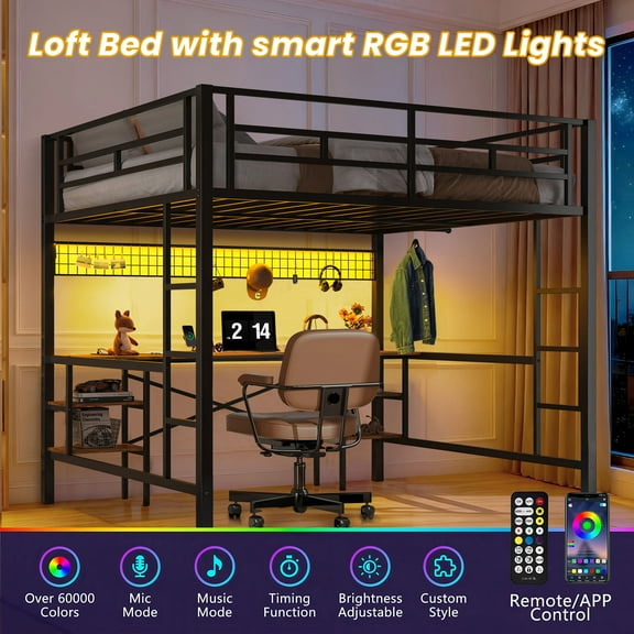 Sesslife Full Size Loft Bed with Desk, Metal Loft Bed Frame with LED Lights, 4 Storage Shelves, Charging Station, 2 Built-in Ladders, DIY Mesh, Clothes Rail and Full-Length Safety Guard Rails, Black