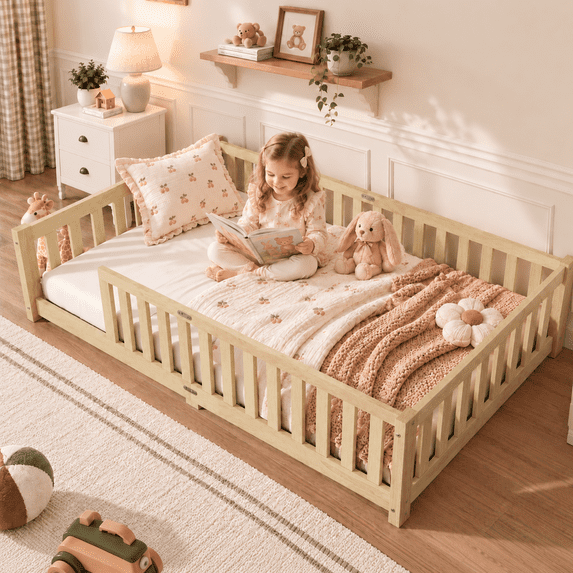 Sesslife Twin Montessori Floor Bed, Wood Twin Size Floor Bed Frame with Safety Guardrails and Slats, Low Profile Toddler Bed for Kids Boys and Girls, No Box Spring Needed, Natural