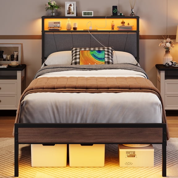 SESSLIFE Twin Size Bed Frame with Fabric Upholstered Storage Headboard and Charging Station, LED Metal Platform Bed with Headboard and Footboard RGB Lights, No Box Spring Needed, Noise Free, Gray