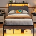thumbnail image 1 of Sesslife Twin Size Bed Frame with Fabric Upholstered Storage Headboard and Charging Station, LED Metal Platform Bed with Headboard and Footboard RGB Lights, No Box Spring Needed, Noise Free, Gray, 1 of 11