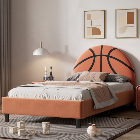 Sesslife Twin Size Bed Frame for teens, Cute Bed Frame with Sports-Style Pattern, Upholstered Bed with Basketball Shaped Headboard, Cartoon Platform Bed for Teens, No Box Spring Needed, Orange
