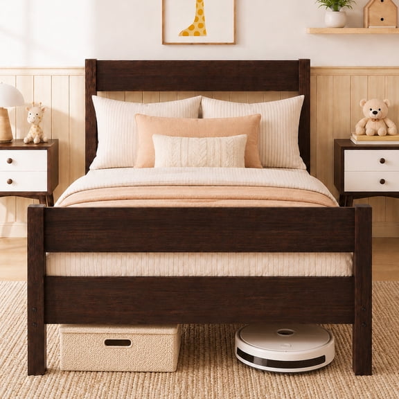 SESSLIFE Twin Bed Frame, Solid Wood Twin Platform Bed Frame with Headboard & Footboard, No Box Spring Needed with 250LBS, Easy Assembly, Espresso