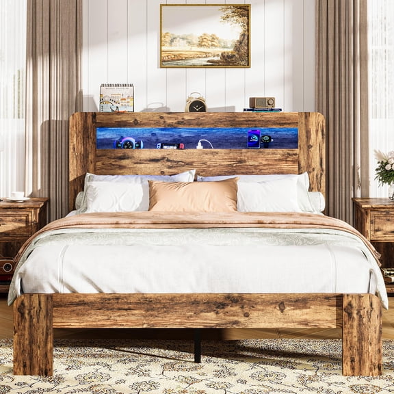 ENYOPRO Full Bed Frame with Storage Headboard, Wood Platform Bed with LED Strips and Charging Station, Heavy Duty Mattress Foundation, Hold 500 LBS, Easy Assembly, Brown