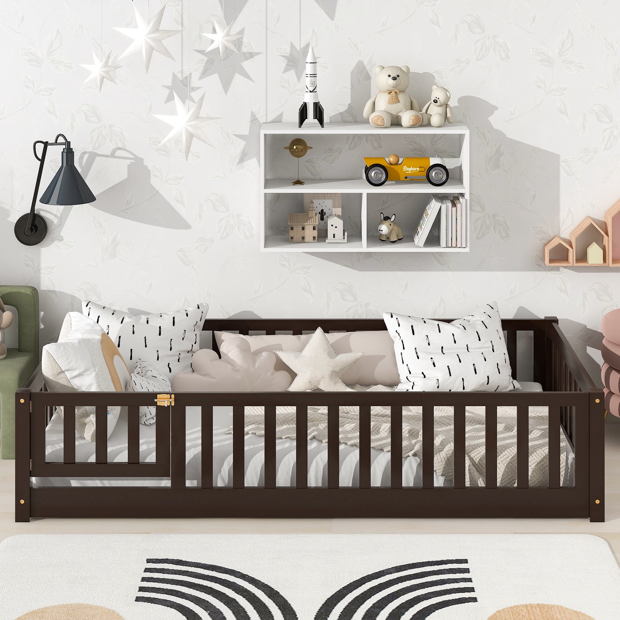 Sesslife Twin Size Floor Bed with Door and Fence, Wood Floor Platform Bed with Slats, Toddler Bed for Kids Boys Girls, Montessori Bed, No Box Spring Needed, Espresso