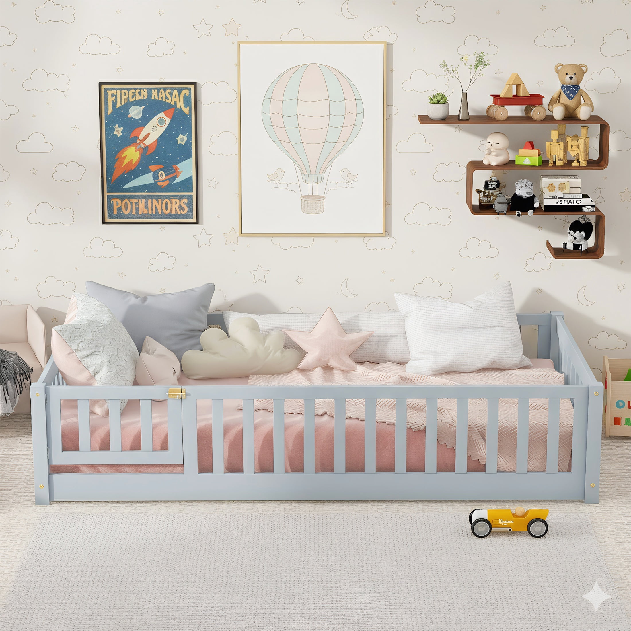 Sesslife Twin Size Floor Bed with Door and Fence, Wood Floor Platform Bed with Slats, Montessori Bed for Boys Girls, No Box Spring Needed, Grey