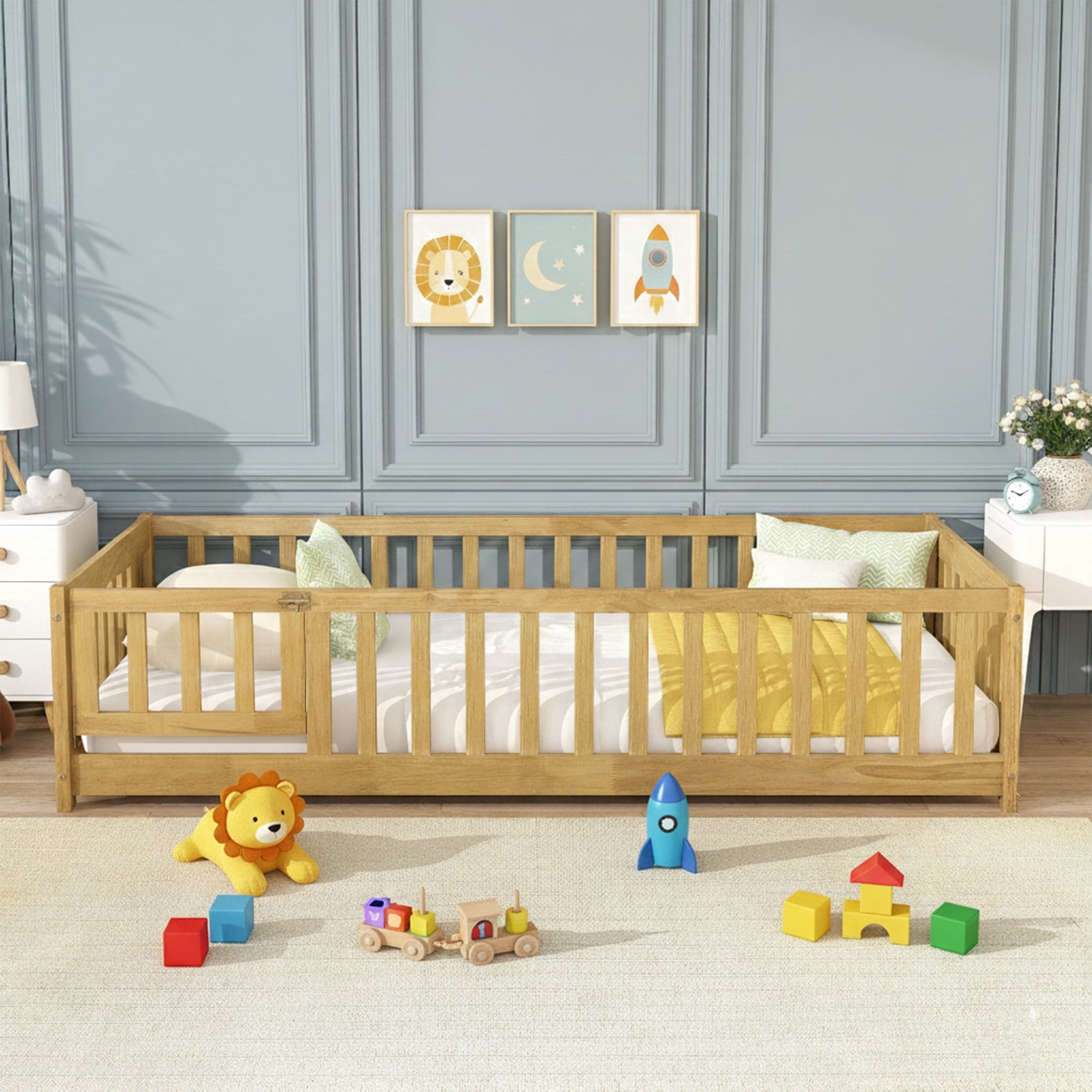 Sesslife Twin Size Floor Bed with Door and Fence, Wood Floor Platform Bed with Slats, Toddler Bed for Kids Boys Girls, Montessori Bed, No Box Spring Needed, Natural