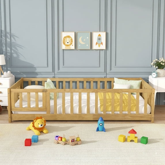 Sesslife Twin Size Floor Bed with Door and Fence, Wood Floor Platform Bed with Slats, Toddler Bed for Kids Boys Girls, Montessori Bed, No Box Spring Needed, Natural