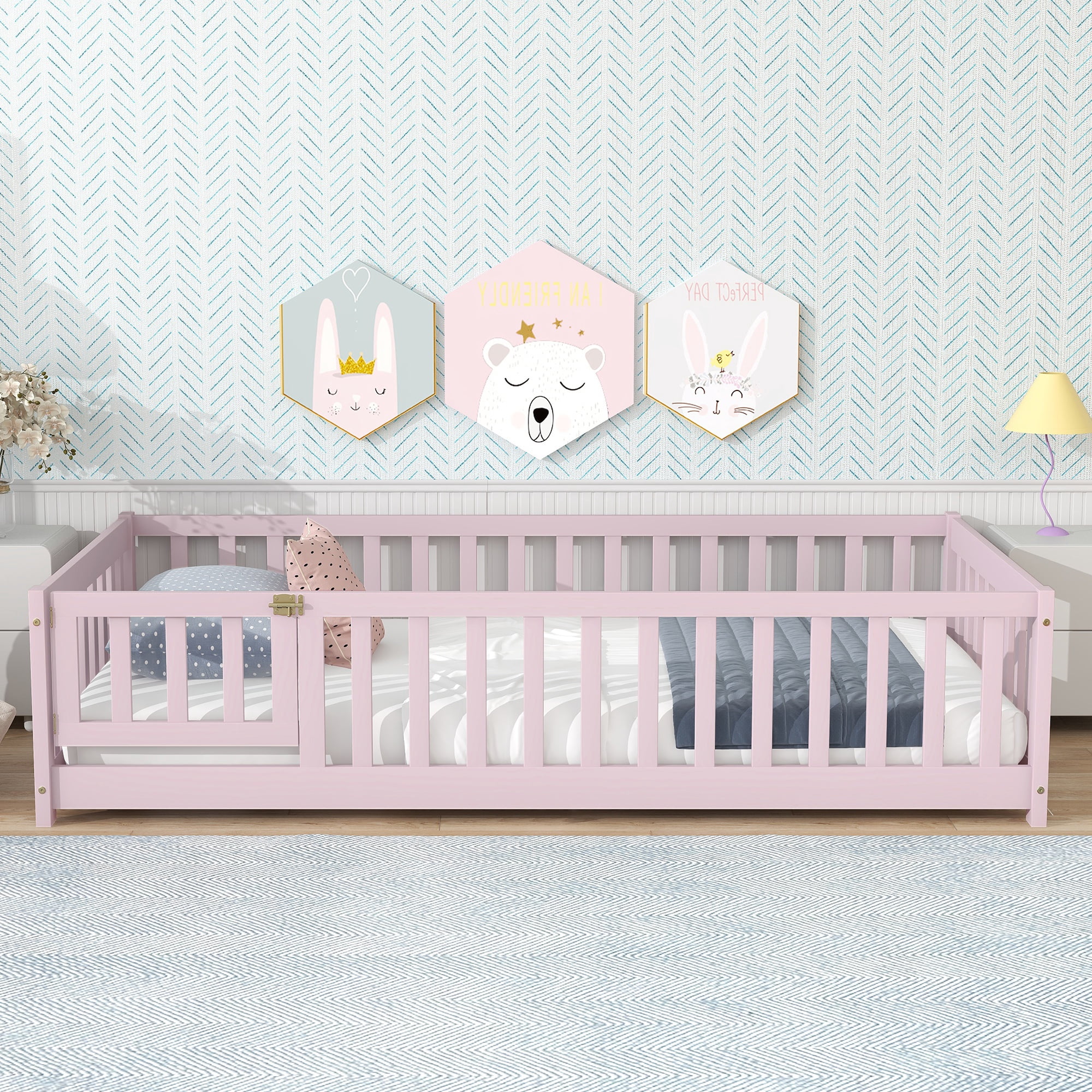 Sesslife Twin Size Floor Bed with Door and Fence, Wood Floor Platform Bed with Slats, Floor Bed for Boys Girls, No Box Spring Needed, Pink