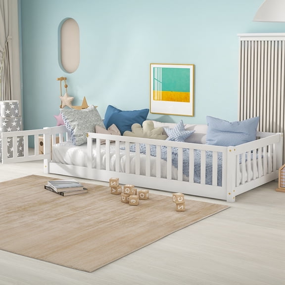 Sesslife Twin Size Floor Bed with Door and Fence, Wood Floor Platform Bed with Slats, Toddler Bed for Kids Boys Girls, Montessori Bed, No Box Spring Needed, White