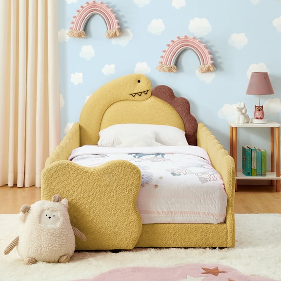 Sesslife Twin Size Floor Bed with Fence, Upholstered Twin Size Platform Bed with Cute Dinosaur Shaped Headboard for Boys Girls, Wood Twin Bed Frame with Safety Guardrail and Salts for Age 3-7, Yellow