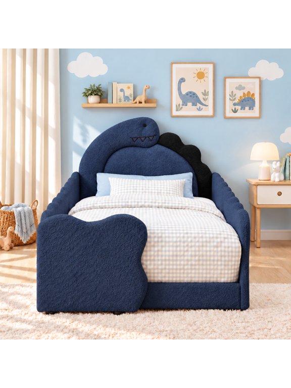 Twin Size Floor Bed with Guardrails, Boucle Upholstered Twin Size Platform Bed with Cute Dinosaur-Shaped Headboard, Twin Floor Bed Frame with Wood Slats, Navy Blue