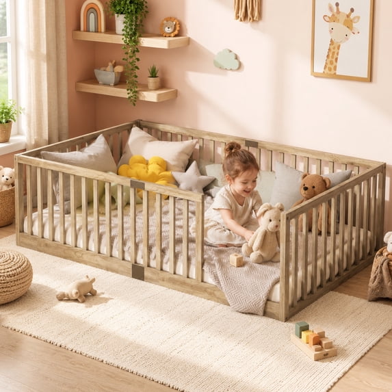 SESSLIFE Twin Montessori Floor Bed Frame with High Rails and Door, Wood Twin Floor Bed with Slats, Low Profile Kids Bed Frame for Boys Girls, No Box Spring Needed, Natural(No Door)