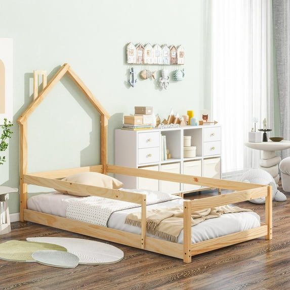 SESSLIFE Twin Size Floor Bed Frame with House-shaped Headboard, Wood Montessori Floor Beds with Fences, Floor Beds Frame for Boys and Girls, Box Spring Needed(Natural)