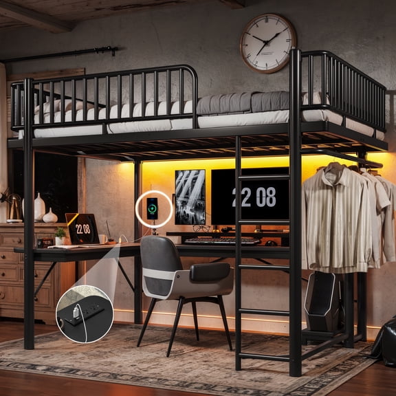 Queen Size Metal Loft Bed with Desk and Charging Station, UHOMEPRO Heavy Duty Metal Loft Bed Frame with LED Light Strip, Computer Tower Tray, Hanging Rail, Guardrails and Ladder, Black
