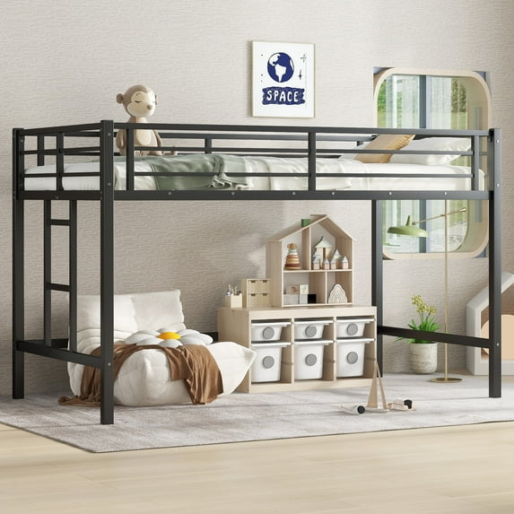 Sesslife Twin Size Loft Bed, Metal Loft Bed Frame with Ladder and Safety Full-Length Guardrails, Modern Twin Low Loft Bed with Large Under Storage Space for Teens, No Box Spring Needed, Black B