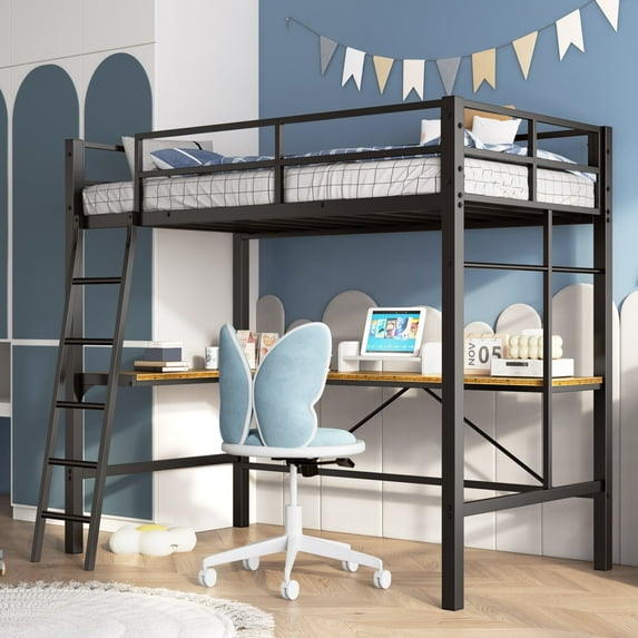Sesslife Twin Size Loft Bed with Stairs and Safety Guardrail for Teens Adults, Modern Heavy-Duty Metal Loft Bed Frame with Desk and Charging Station for Bedroom, No Box Spring Needed, Black