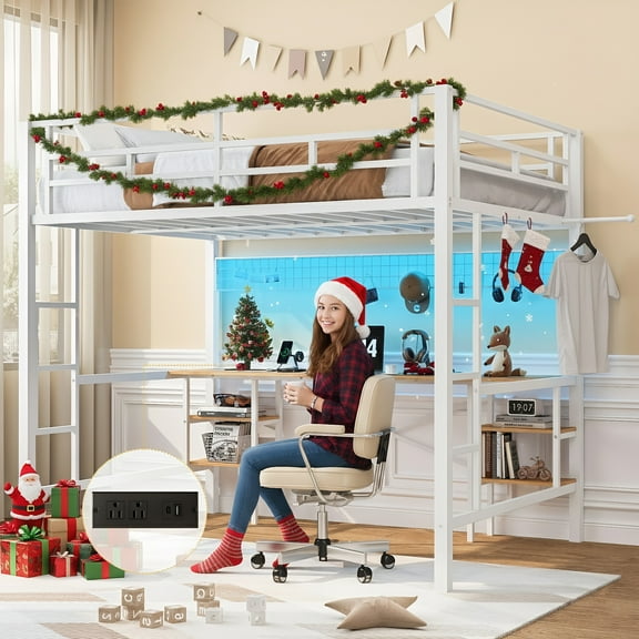UHOMEPRO Loft Bed Twin Size with Desk, Metal Loft Bed Frame with LED Lights, 4 Storage Shelves, Charging Station, DIY Mesh, Clothes Rail, Safety Guardrail, No Box Spring Needed, White LED Loft Bed