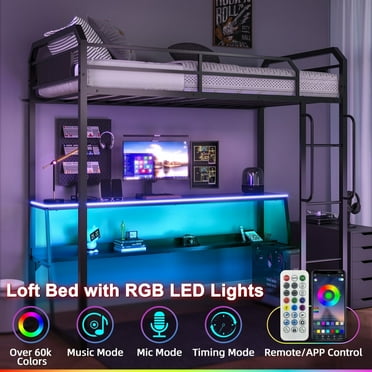 Sesslife Twin Loft Bed with LED Lights, Metal LED Twin Size Loft Bed Frame with Desk, Ladder Long Handrails and Safety Guardrail for Teens and Adults, Anti-Tipping Device, No Box Spring Needed, Black