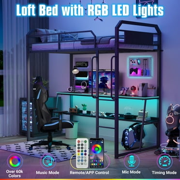 UHOMEPRO Twin Loft Bed with Desk, Metal Loft Bed Frame with LED Lights, Ladder, Long Handrails and Safety Guardrail, Modern Loft Bed Twin for Teens, Adults, No Box Spring Needed, Black