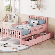 SESSLIFE Twin Size Kids Bed with Guardrails, Solid Wood Platform Bed Frame with 2 Storage Drawers, Twin Bed Frame for Girls and Boys, No Box Spring Needed, Pink