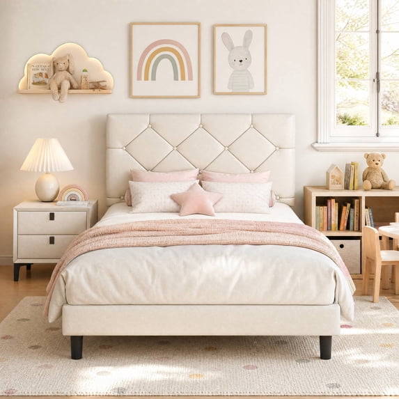 Sesslife Twin Upholstered Platform Bed with Headboard, Beige Twin Bed Frame with Wood Slats Support for Boys Girls, No Box Spring Needed