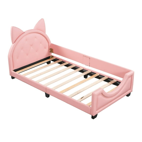 Sesslife Upholstered Daybed Frame, Twin Size PU Leather Upholstered Daybed with Carton Ears Shaped Headboard, Cute Upholstered Daybed with Wooden Slats, No Box Spring Needed, Pink