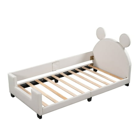 Sesslife Upholstered Daybed Frame, Twin Size PU Leather Upholstered Daybed with Carton Ears Shaped Headboard, Cute Upholstered Daybed with Wooden Slats, No Box Spring Needed, White