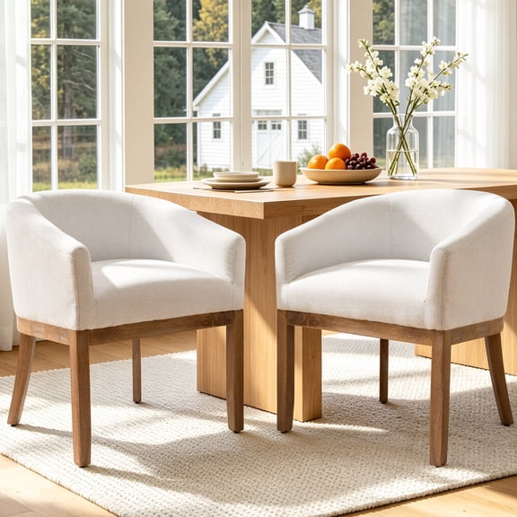 Sesslife Upholstered Dining Chairs Set of 2, Modern Linen Barrel Dining Room Chairs with Arms, Wood Legs, Mid Century 19” W Accent Chair, Kitchen Chairs for Dining Room, Living Room, Bedroom, Beige