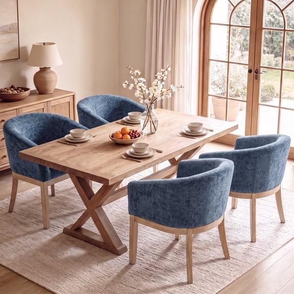 Sesslife Upholstered Dining Chairs Set of 4, Modern Linen Barrel Dining Room Chairs with Arms, Wood Legs, Mid Century 19” W Accent Chair, Kitchen Chairs for Dining Room, Living Room, Bedroom, Blue