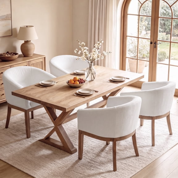 Sesslife Upholstered Dining Chairs Set of 4, Modern Linen Barrel Dining Room Chairs with Arms, Wood Legs, Mid Century 19” W Accent Chair, Kitchen Chairs for Dining Room, Living Room, Bedroom, Beige