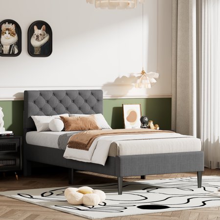 Sesslife Upholstered Platform Bed Frame, Wood Twin Bed Frame with Headboard, Twin Size Bed with Wood Slat System, No Box Spring Needed, Kids Adult Twin Bed for Bedroom Dorm, Modern Funiture, Gray
