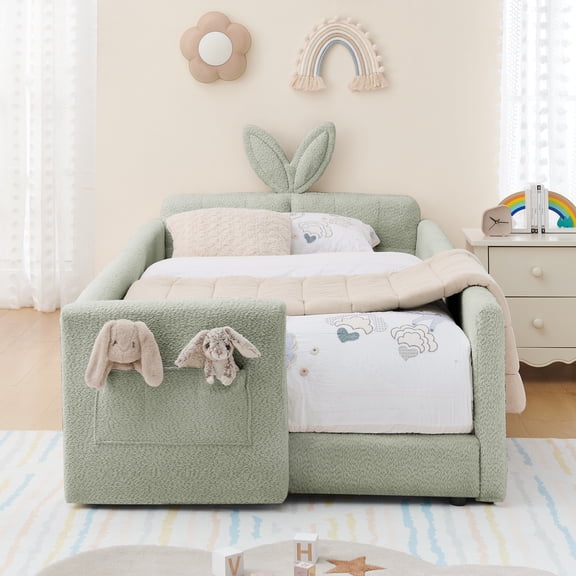 Sesslife Twin Bed Frame with Guardrail, Upholstered Twin Size Floor Bed with Rabbit Ear Headboard and Side Pocket, Montessori Platform Bed Frame with Wood Slats for Little Boys Girls, Cyan