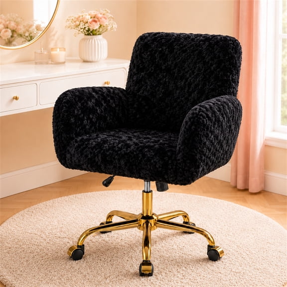 SESSLIFE  Black Vanity Chair with Back, Velvet Desk Chair with Wheels, Height Adjustable 360° Swivel Office Chair with Gold Base, for Bedroom