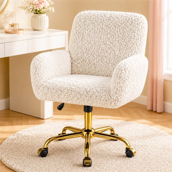 SESSLIFE White Office Chair, Height Adjustable Velvet Vanity Chair with Back & Wheels, 360°Swivel Desk Chair with Gold Legs, for Home Bedroom