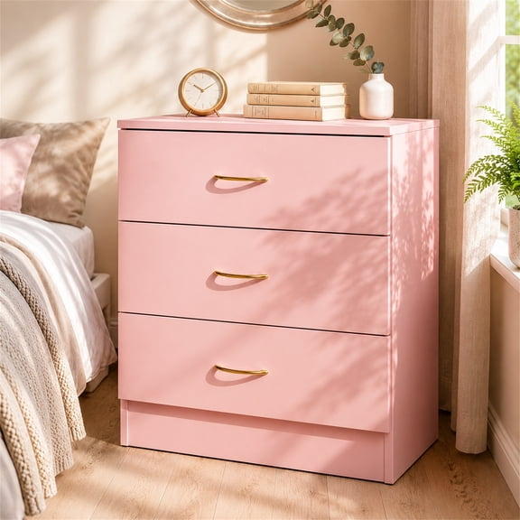 SESSLIFE Night Stand, Pink Nightstand with 3 Drawers and Gold Handles, Wood Bedside Table Storage Cabinet for Bedroom, Living Room