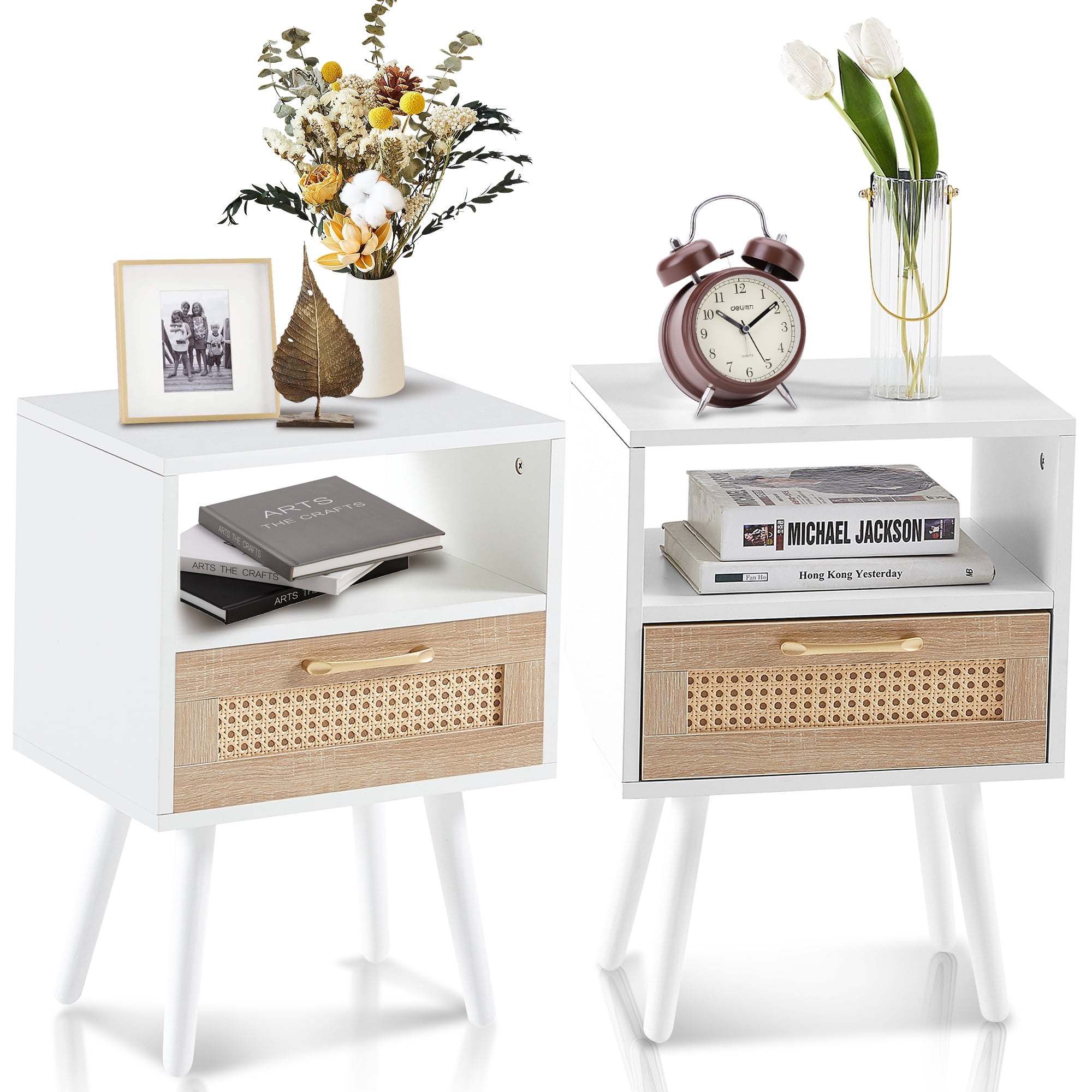 Sesslife White Night Stand Set of 2, Solid Wood Legs Furniture Bedside