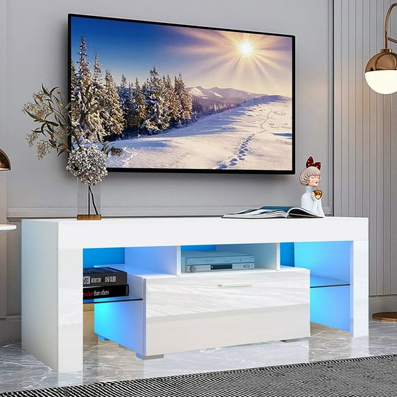 Sesslife White TV Stand for 55 inch TV, Modern High Glossy Television Stands with 16 Colors LED Light, TV Cabinet Console Table, Living Room TV Buffet Cabinet with Storage