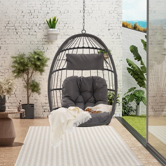 Sesslife Wicker Egg Chair with Stand, Outdoor Indoor Oversized Lounger Rattan Peacock Egg Basket Chair for Patio Backyard Porch, Comfy Outdoor Reading Chair Bedroom Lounge Chair (Light Gray)