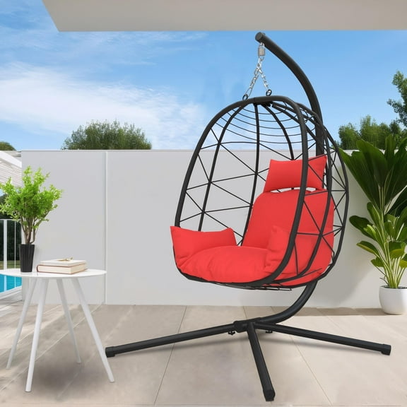 Sesslife Wicker Egg Hanging Chair with Stand and Cushion, Navy