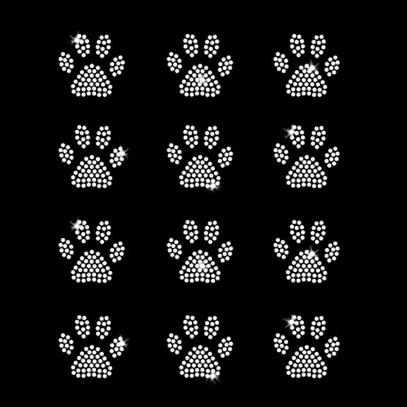 Set 0f 12 Mini Paw Print Sparkly Iron-on Clear Rhinestone Transfer Bling by JCS Rhinestones