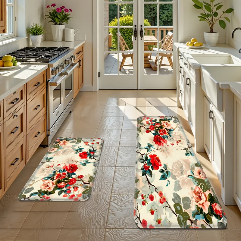 Set of 1/2pcs[Vintage Floral Pattern Kitchen Rug Set]Features Elegant ...