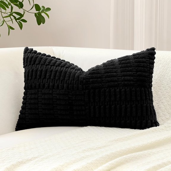 Set of 1 Decorative Cushion Cover 30 x 50cm Soft Corduroy Striped Cross Patchwork Textured Pillow Case Boho Farmhouse Lumbar Throw Pillow Cover for Sofa Bed Patio 12x20 Inch, Black