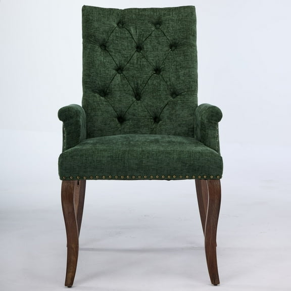 Set of 1 Upholstered Chenille Fabric Accent Dining Chair, Curved Solid Wood Legs, Elegant Tufted Club Dining Room Kitchen Room Arm Dining Chair (Green)